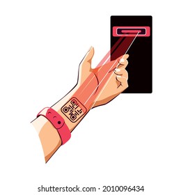 The hand with a QR code tattoo on the wrist is scanned with an infrared beam. Concept of electronic admission, pass by code, exclusivity. Vector illustration isolated on white background.