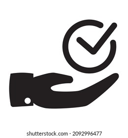 Mano con calidad y marca de verificación icono en estilo simple sobre fondo blanco