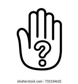 Hand question mark palm open logo icon. Outline illustration of hand open palm with question mark number open vector illustration for print or web design.