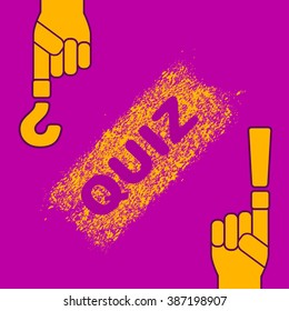 Hand with question mark. Quiz sign logo. Questions game symbol. Concept of tv show, support, faq, vote, query, forum, knowledge verification. 


