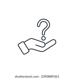 Hand with a question mark. Request.  Vector linear illustration icon isolated on white background.