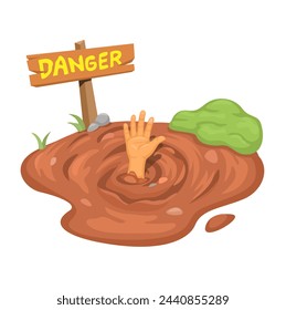 Hand in QuickSand With Danger Warning Sign Illustration Vector