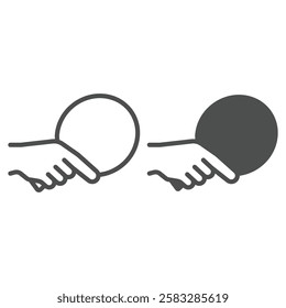 Hand with racket ball line and solid icon, table tennis concept. Vector graphics. Table tennis player hand sign on white background, outline style icon for mobile or web design