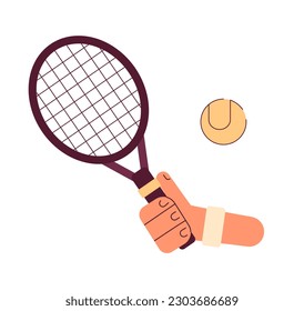 Mano con raqueta golpeando la pelota de tenis vector colorido semi plano de primera mano. Equipamiento deportivo de tenis. Viste de cierre editable en blanco. Ilustración simple de dibujos animados para el diseño gráfico web