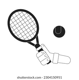 Hand with racket hitting tennis ball monochromatic flat vector first view hand. Tennis sports equipment. Editable thin line closeup pov on white. Simple bw cartoon spot image for web graphic design