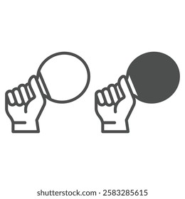 Hand with racket line and solid icon, table tennis concept. Vector graphics. Tennis player hand sign on white background, outline style icon for mobile or web design