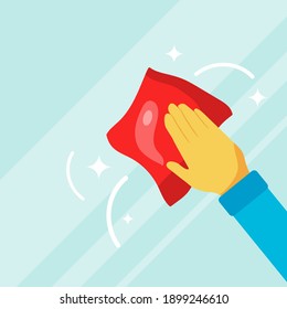 A hand with a rag washes the glass. Wipe down the glass. Vector illustration. Vector.