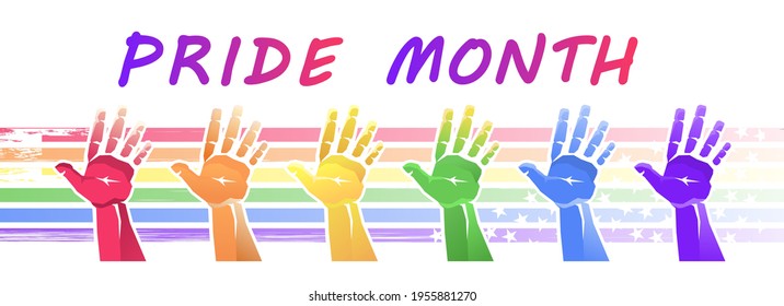 Hand in rainbow colors with palms up. LGBT and gay parade concept, protest march. Vector illustration, horizontal banner on white background