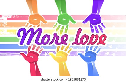 Hand in rainbow colors with palms up. LGBT and gay parade concept, protest march. Vector illustration, horizontal banner on white background