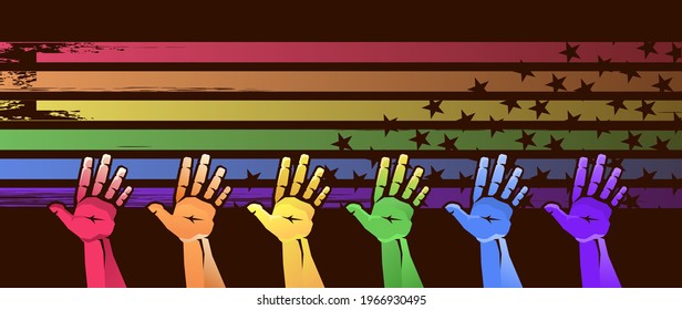 Hand in rainbow colors with palms up. LGBT and gay parade concept, protest march. Vector illustration, horizontal banner on a dark background