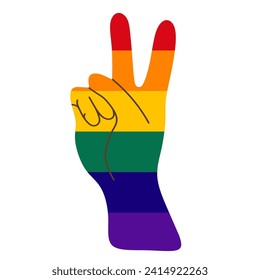 Mano con el dibujo de la bandera arco iris aislado en fondo blanco
