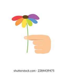 Hand with rainbow flower. LGBT symbol, conception pride month.