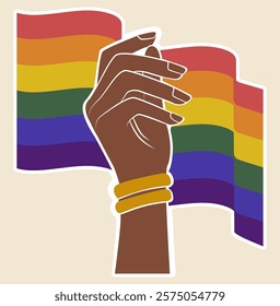 Hand and rainbow lgbt flag sticker. Rising hands celebrate pride month illustration