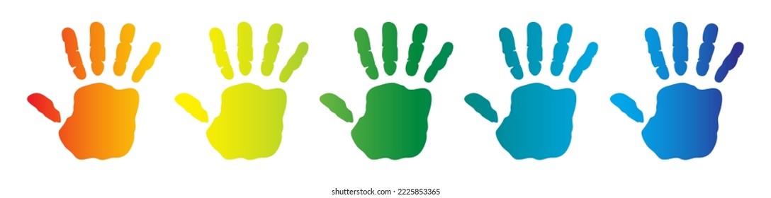 Hand rainbow print Child color handprint stamp Kids hands drawing child hand prints Funny vector silhouette sign Clipart cartoon kid smile face Drawn painted Bright human fingers and palm icon
