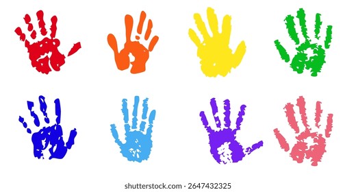 Hand rainbow print, color paint stain, handprint set. Happy childhood artistic kids stamp collection. Abstract handprint, vibrant paint splashes. Creative symbols children art