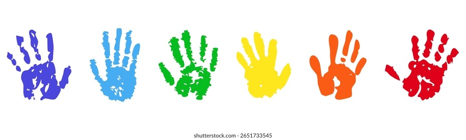 Hand rainbow print, color paint stain, handprint set. Happy childhood artistic kids stamp collection. Abstract handprint, vibrant paint splashes. Creative symbols children art