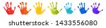 Hand rainbow print isolated on white background. Color child handprint. Creative paint hands prints. Happy childhood design. Artistic kids stamp, bright human fingers and palm Vector illustration