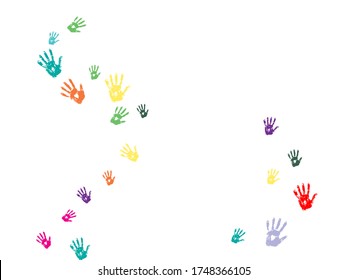 Hand rainbow print isolated on white background. Color child handprint. School learning or diverse community help. Happy childhood design.