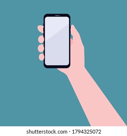 A hand raise smartphone. Vector flat illustration.