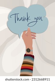 Hand raise of woman holding speech bubble with the text -Thank You- Gratitude and appreciation concept. Banner poster or template