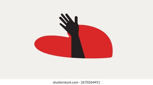 Mão levantada acima do bueiro da forma do coração, ilustração do conceito sobre pedir ajuda depois de cair na armadilha emocional