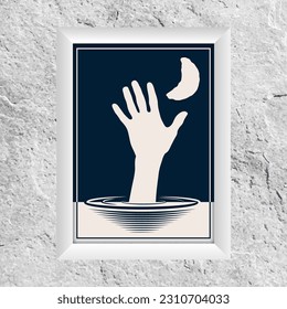 Die Hand wird auf dem Mondhintergrund aufgezogen. Die Gestaltung der konzeptuellen Kunst. Vorlage eines Gemäldes oder Posters für die Innenausstattung. Bildende Kunst für ein Poster, ein Banner, ein Cover