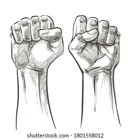 Hand raised air fighting for human rights. Fist up power. Concept of protest, rebel, political demands, revolution, unity, cooperation, lives matter, don't give up. Crowd of people march. Vector.