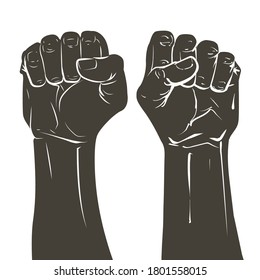 Hand raised air fighting for human rights. Fist up power. Concept of protest, rebel, political demands, revolution, unity, cooperation, lives matter, don't give up. Crowd of people march. Vector.