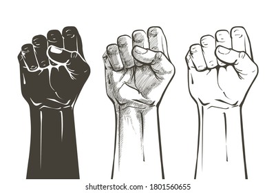 Hand raised air fighting for human rights. Fist up power. Concept of protest, rebel, political demands, revolution, unity, cooperation, lives matter, don't give up. Crowd of people march. Vector