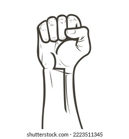 Handerhöhter Luftkampf für die Menschenrechte. Fist-up-Macht-Konzept des Protests, Rebellen, politische Forderungen, Revolution, Einheit, Zusammenarbeit, nicht aufgeben. Logo-Symbol der Vektorgrafik