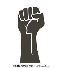 Hand raised air fighting for human rights. Fist up power Concept of protest, rebel, political demands, revolution, unity, cooperation, don't give up. Vector line logo icon