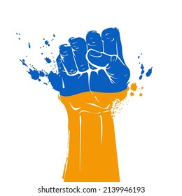 Hand raised air fighting. Ukraine fight against Russia. Standing with Ukraine. No war sign. Blue yellow flag colors. Fist up power. Concept of Solidarity. Vector illustration.