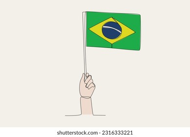 A hand raised the Brazil flag. Flag one-line drawing