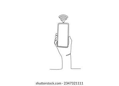 A hand raised the cellphone with the Internet network. International internet day one-line drawing