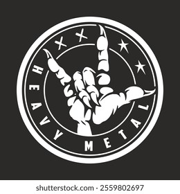 A hand is raised in a classic heavy metal gesture with fingers forming the iconic sign. This symbol is set within a circular design that emphasizes the rock music theme.