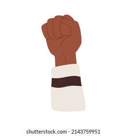 Hand raised up with clenched fist of African person, fighting against race discrimination. Human arm rising high for BLM, revolution. Flat graphic vector illustration isolated on white background