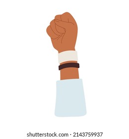 Hand raised up with clenched fist and bracelets for solidarity. Activist with arm rising high, resisting, protesting and fighting for freedom. Flat vector illustration isolated on white background