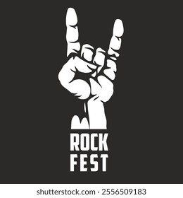 A hand is raised with fingers forming the iconic rock sign symbolizing enthusiasm for music and celebration. The bold text clearly states Rock Fest beneath the hand.