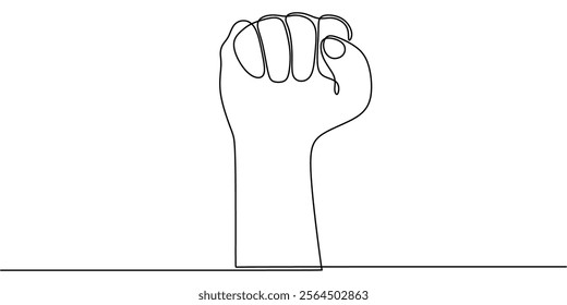 Hand raised fist in continuous line drawing. A symbol of empowerment, solidarity, and defiance against injustice. Vector illustration one line art minimalist.