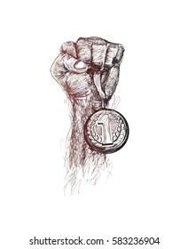 Hand raised and holding gold medal, Award of Victory, Sketch Vector illustration. 