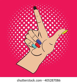 Hand with raised index finger on the bright pink background and white points in the background. Call attention and information with index finger.Female hand made in pop art style, comicks, scetch. 