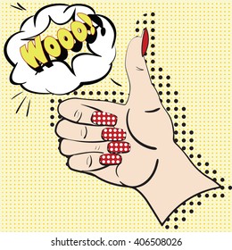 Hand with raised index finger on the yellow background with speech bubbles for text. Female hand made in pop art style, comics, sketch. Attention and information with index finger.  