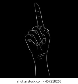 hand with a raised index finger, white outline on a black background