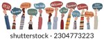 Hand raised of multicultural people from different nations and continents holding speech bubbles with text -Welcome- in various international languages.Communication.Community. Diversity