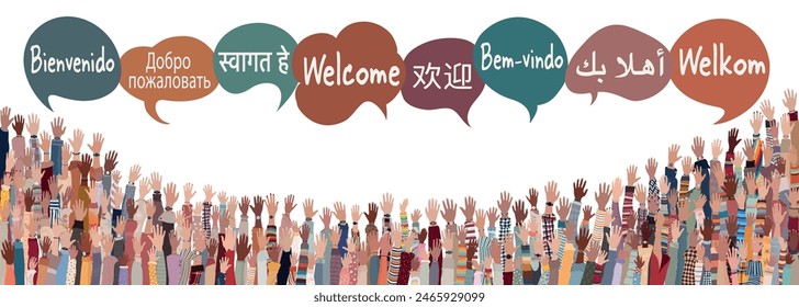 Hand raised of multicultural people from different nations and continents with speech bubbles with text -Welcome- in various international languages.Communication.Community. Diversity