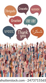 Hand raised of multicultural people from different nations and continents with speech bubbles with text -Thank You- in various international languages.Communication.Community.Diversity