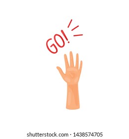 Hand is raised up with the palm open. Vector illustration on white background.