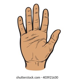 Hand raised palm toward the viewer, stretched out five fingers. Brush human male hand in a sketch style, color vector illustration