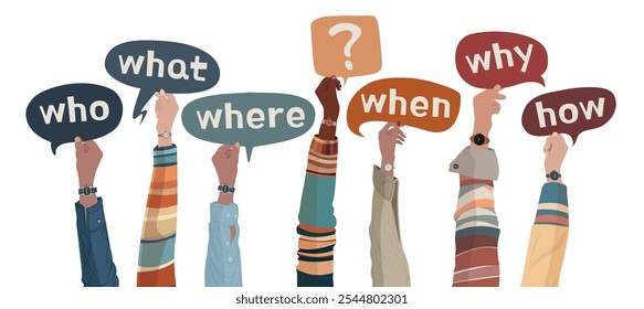 Hand raised of people holding speech bubble with text -Who What Where When Why How- and question mark symbol. Investigate and solve questions. Problem solving - brainstorming concept