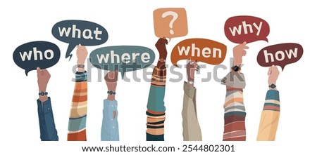 Hand raised of people holding speech bubble with text -Who What Where When Why How- and question mark symbol. Investigate and solve questions. Problem solving - brainstorming concept